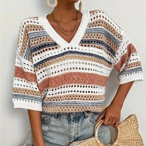 Color Block Hollow Out Striped Sweater Size 0XL